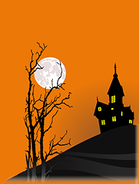 Haunted house on a hill with full moon